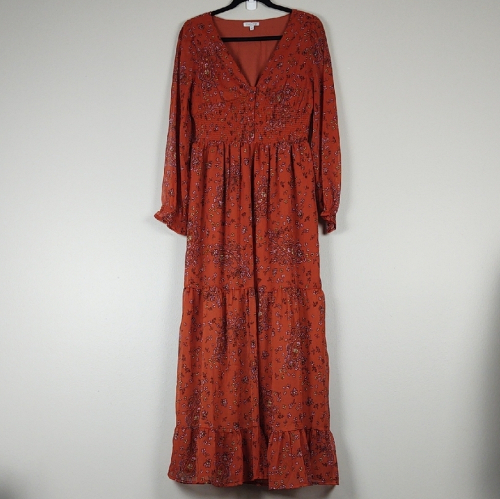 Patrons Of Peace Tiered Maxi Dress Floral Smocked Boho Cottage Garden Medium